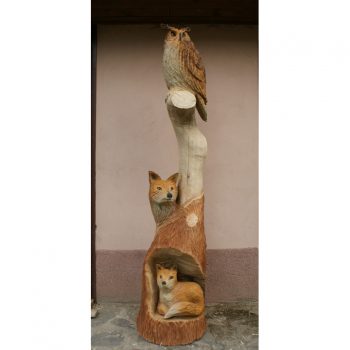 Zahradní dřevěná socha - Dřevěná sova a lišky