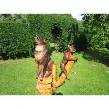 Zahradní dřevěná socha - Vlk s vlčetem
